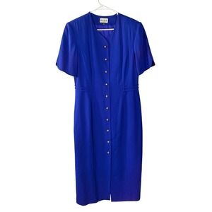 Kasper for ASL Royal Blue Button Front Sheath Dress Vintage Gold Buttons Size 12